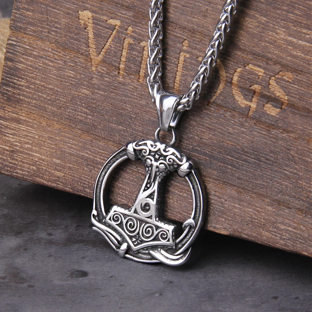 Fashion Valknut Viking Thor's Hammer Pendant Necklace With keel Chain As Men Gift with wooden box