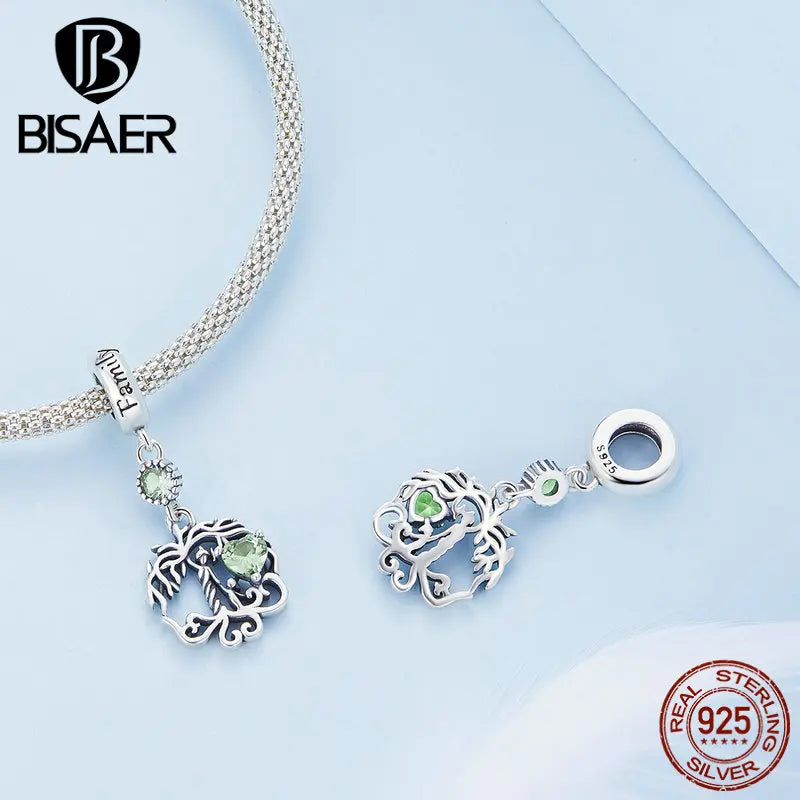 BISAER Real 925 Sterling Silver life Tree Charm Bead Heart-shaped Pendant Fit Women DIY Bracelet Necklace Fine Jewelry ECC2104