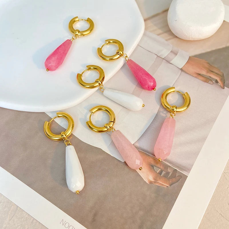 2022 Summer Gold Plated Stainless Steel Pink White Stone Teardrop Hoop Earrings for Women Waterproof Earring Jewelry Gift