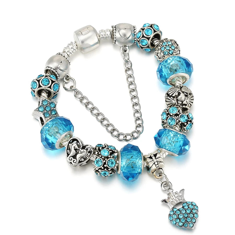 Seialoy Cyan Crystal Crown Pearl Shell Charm Bracelets For Women Man DIY Sea World Narwhal Beads Dolphin Pendant Bangle Jewelry