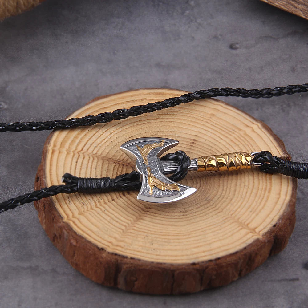 Norse Hatchet Multi-layer Leather Bracelets Men Stainless Steel Vikings Axe Wristband Raven Amulet Self-defense Handmade Jewelry