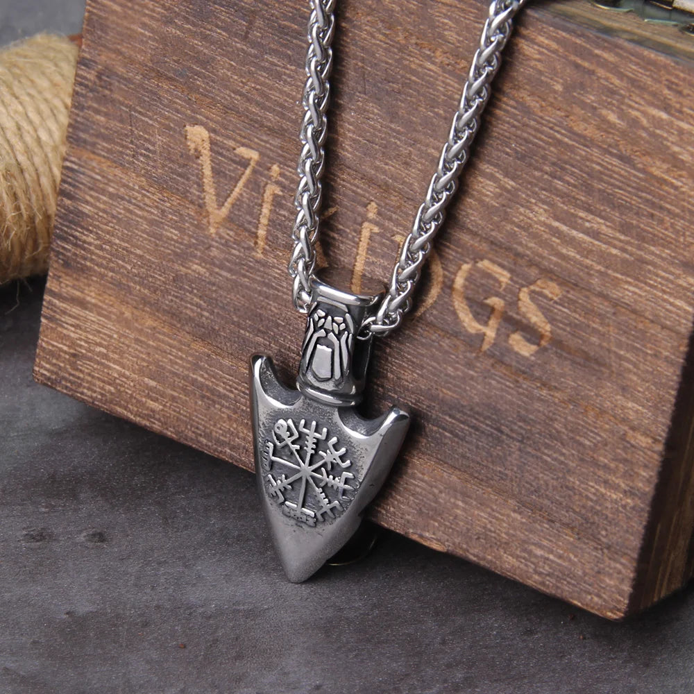 Norse Runes Odin's Spear Gungnir Necklace Men Gold Color Stainless Steel Arrowhead Pendant Valknut Talisman Male Vikings Jewelry