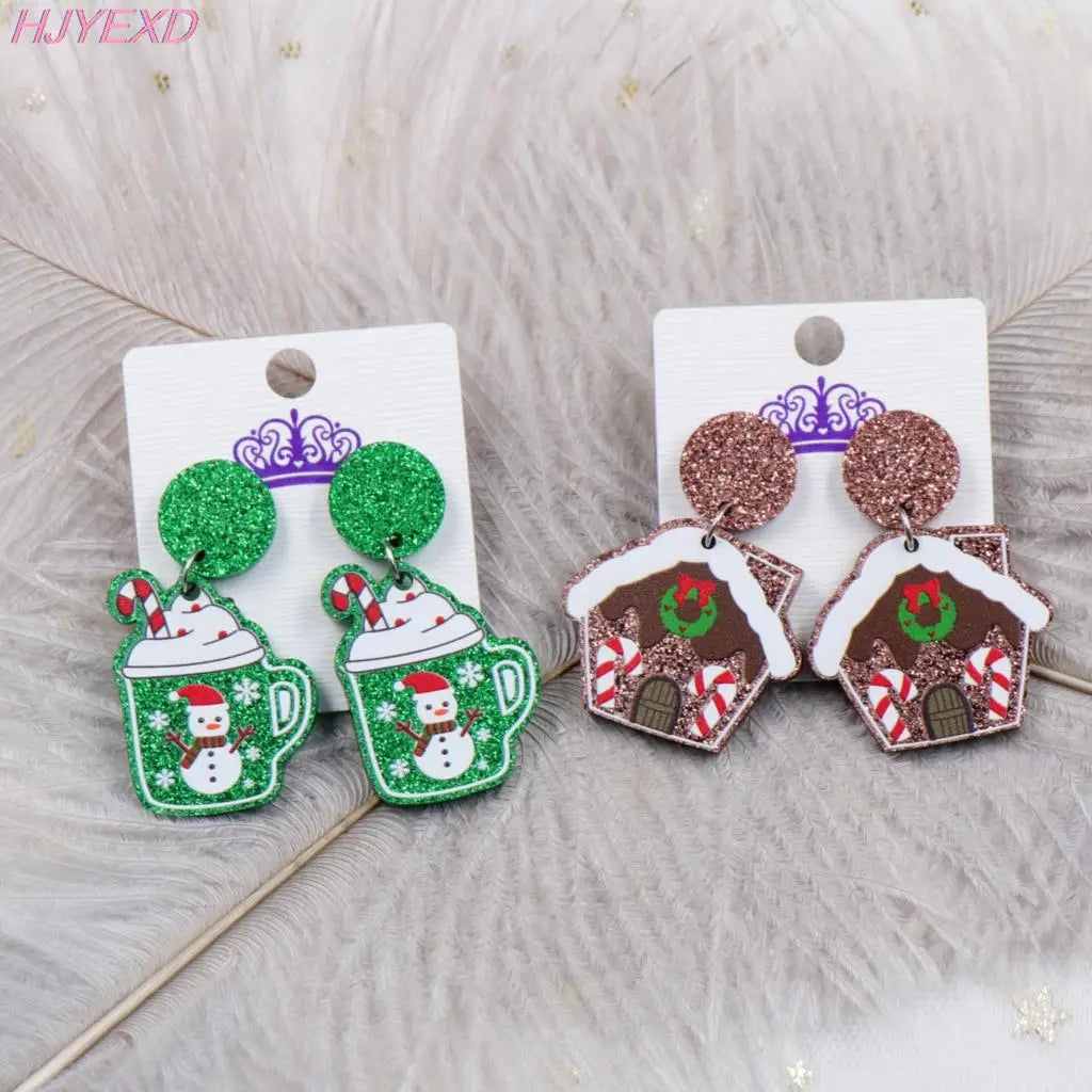 Boucles d'oreilles pendantes de Noël en forme de maison en pain d'épices, boucles d'oreilles en acrylique pailleté pour les fêtes