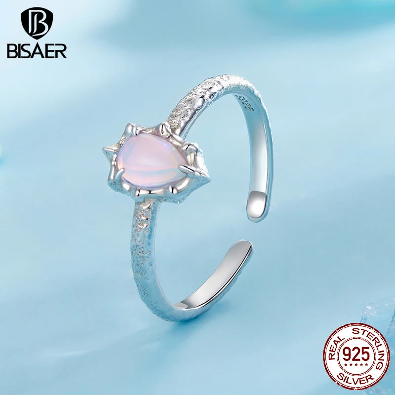 BISAER 925 Sterling Silver Aurora Opal Solitaire Open Ring Water Drop Band Plated White Gold for Women Party Fine Jewelry Gift