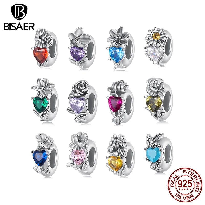 BISAER 100% 925 Sterling Silver Flower Birthstones Charms Charm Birth Flower Beads Fit Women Bracelets Jewelry Fine Gift ECC3005