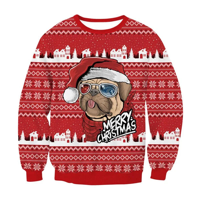 Men Women Tacky Xmas Sweater 3D Christmas Dog Snowflake Bell Reindeer Santa Printed Holiday Party Jumper Christmas Sweatshirt