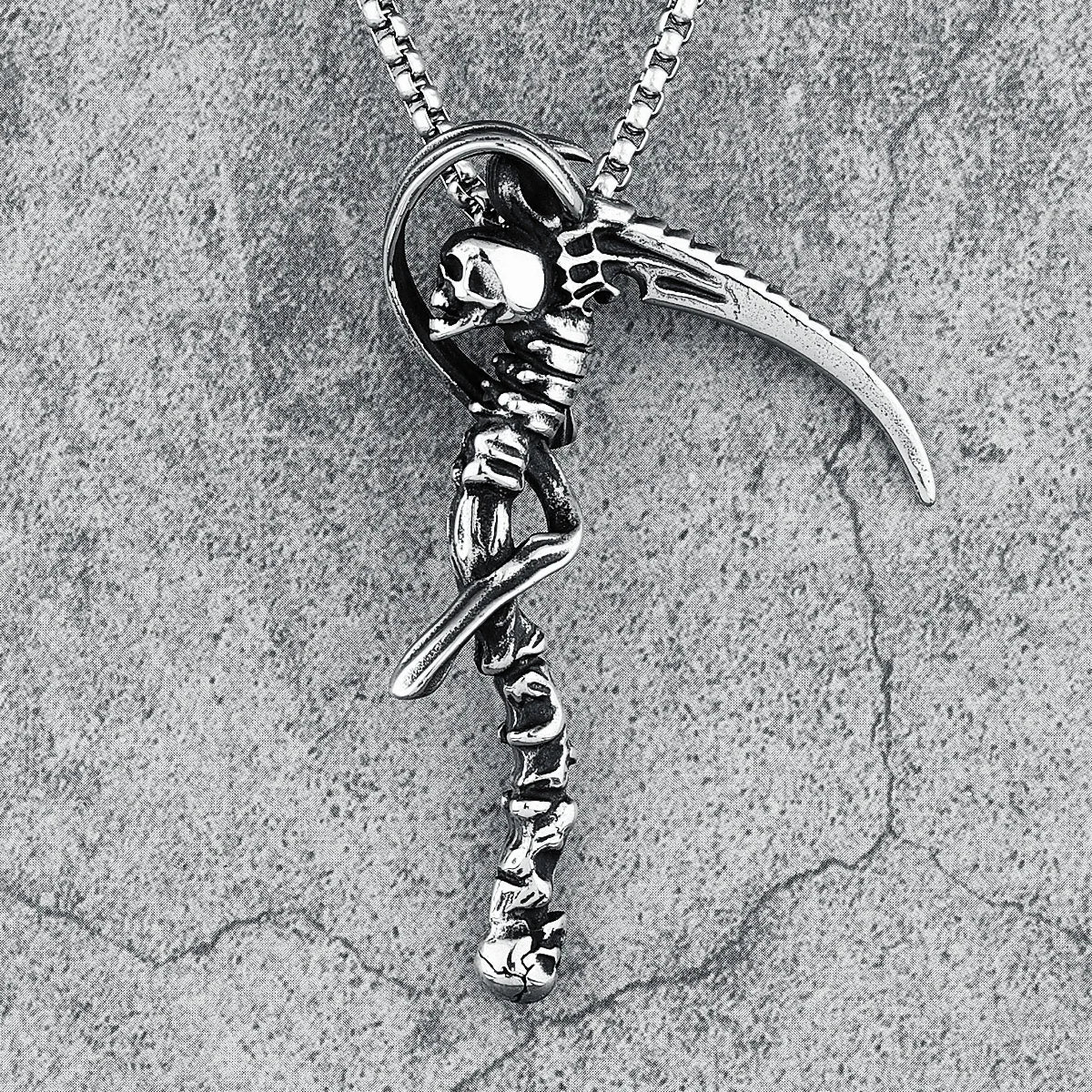 Death Scythe Stainless Steel Pendant Skulls Sickle Punk Rock Men Necklace Chain Vintage Hyperbolic for Boyfriend Jewelry Gift