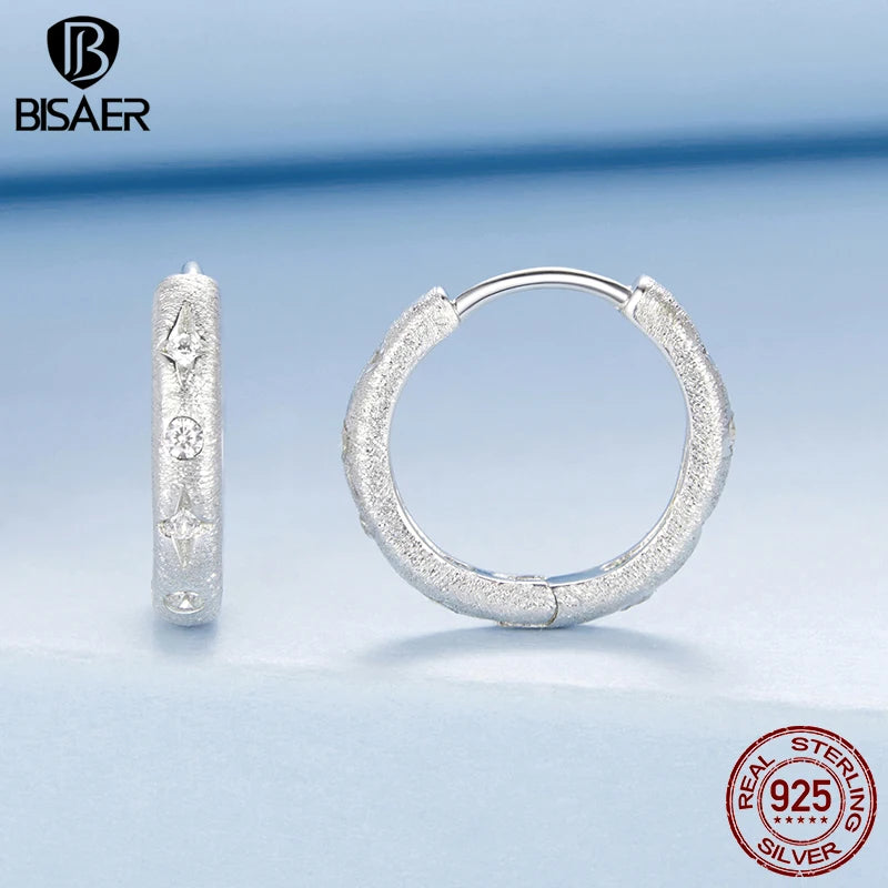 BISAER 925 Sterling Silver Starry Ear Buckles Round Hoop Earrings Plated White Gold for Elegant Women Party Fine Jewelry EFE1114