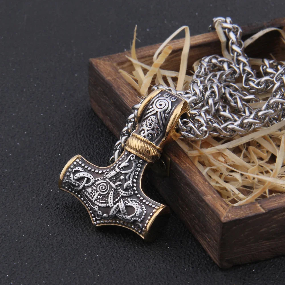 Fashion Valknut Viking Thor's Hammer Pendant Necklace With keel Chain As Men Gift with wooden box