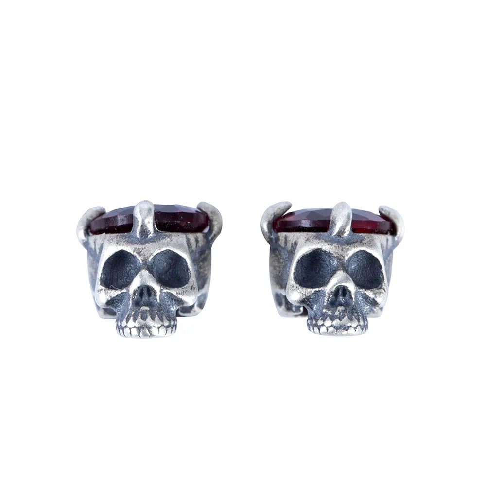 MKENDN 100% 925 Sterling Silver Creative Retro Skull Stud Earring With Wine Stone Punk Style Ear Pin for Men Women Fine Jewelry