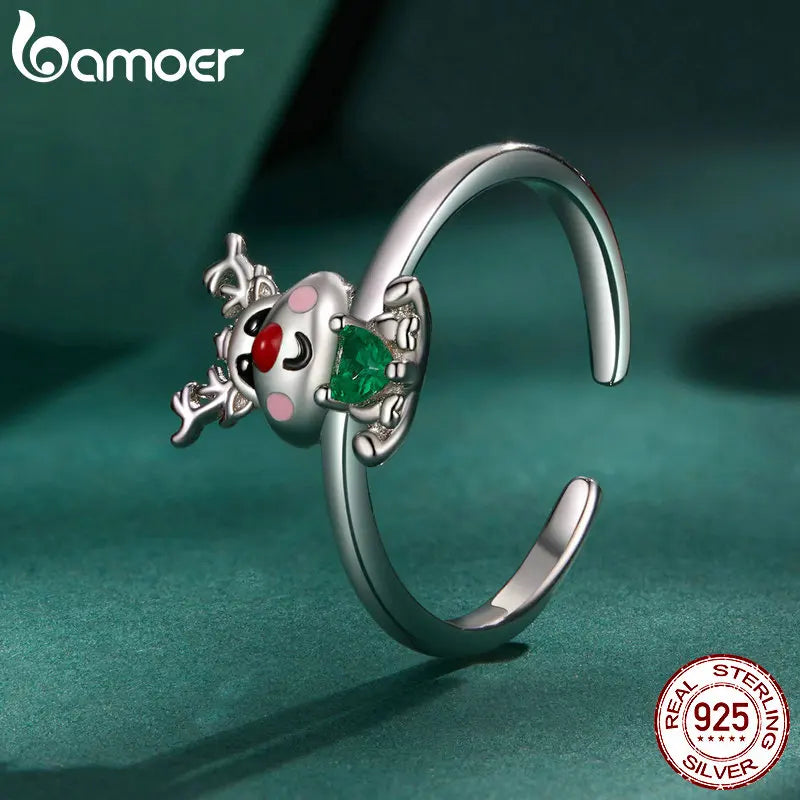 Sterling Silver Classic Reindeer Adjustable Ring Green Zircon Opening Ring for Women Christmas Gift Fine Jewelry - Madeinsea©