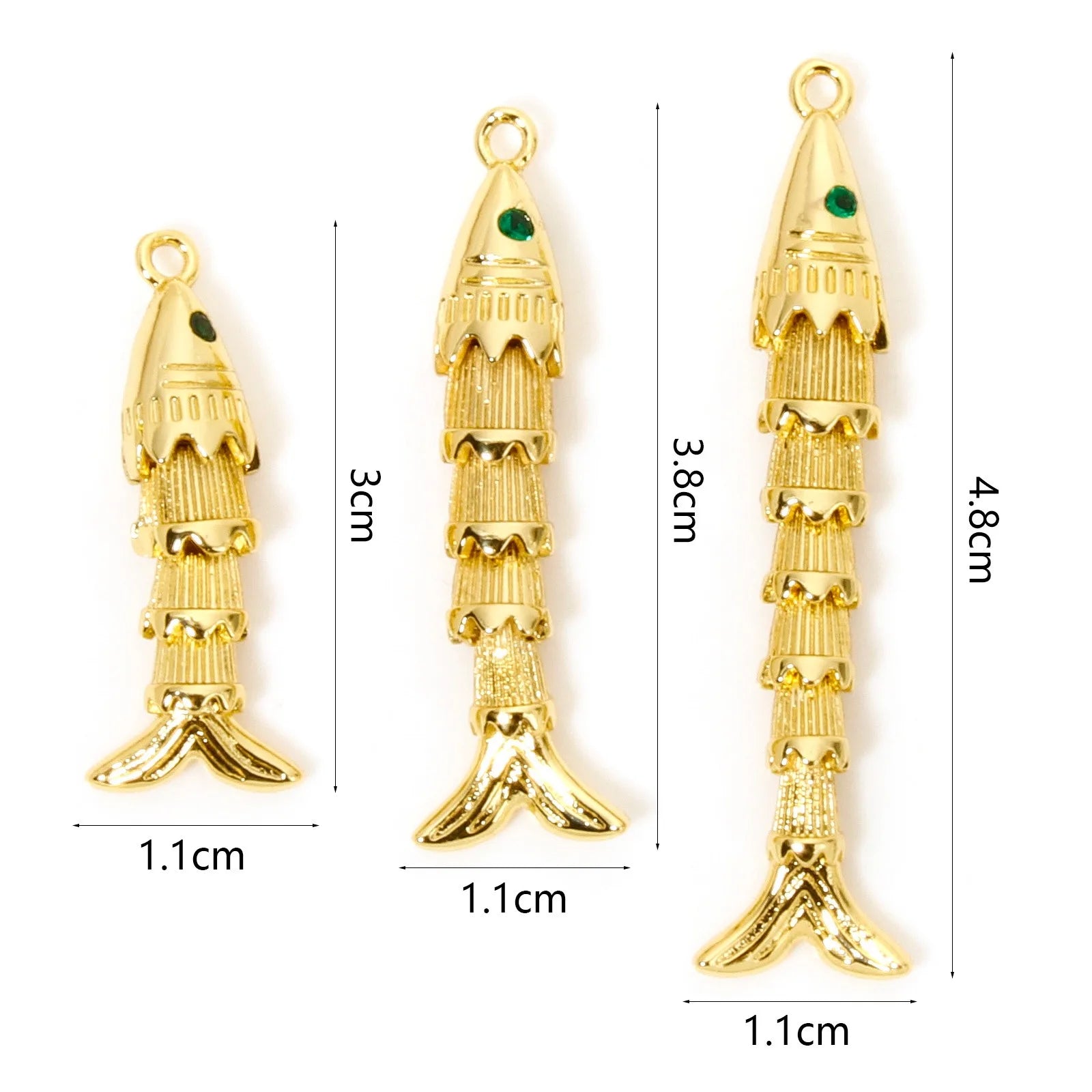 1 Piece Brass Ocean Jewelry Pendants Gold Color Fish Animal Movable Green Cubic Zirconia Eyes For DIY Jewelry Making Necklace