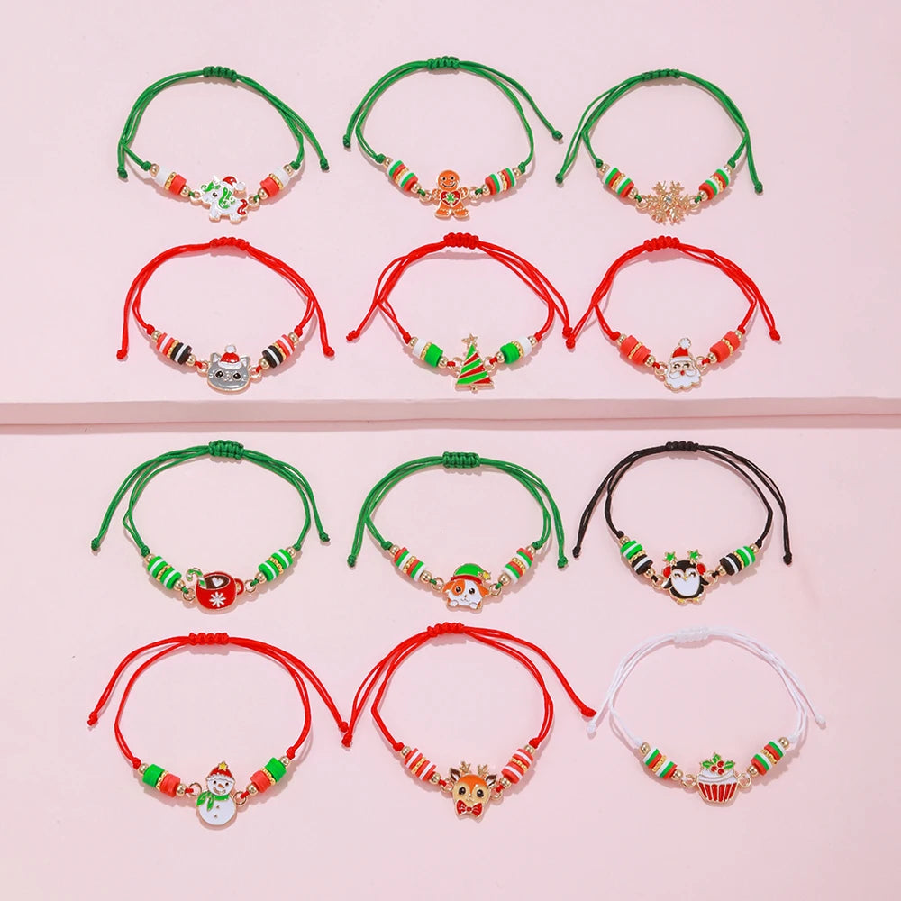 12Pcs/set Christmas Theme Adjustable Rope Cord Bracelet for Women Girls Daughter Sister Jewelry Gifts