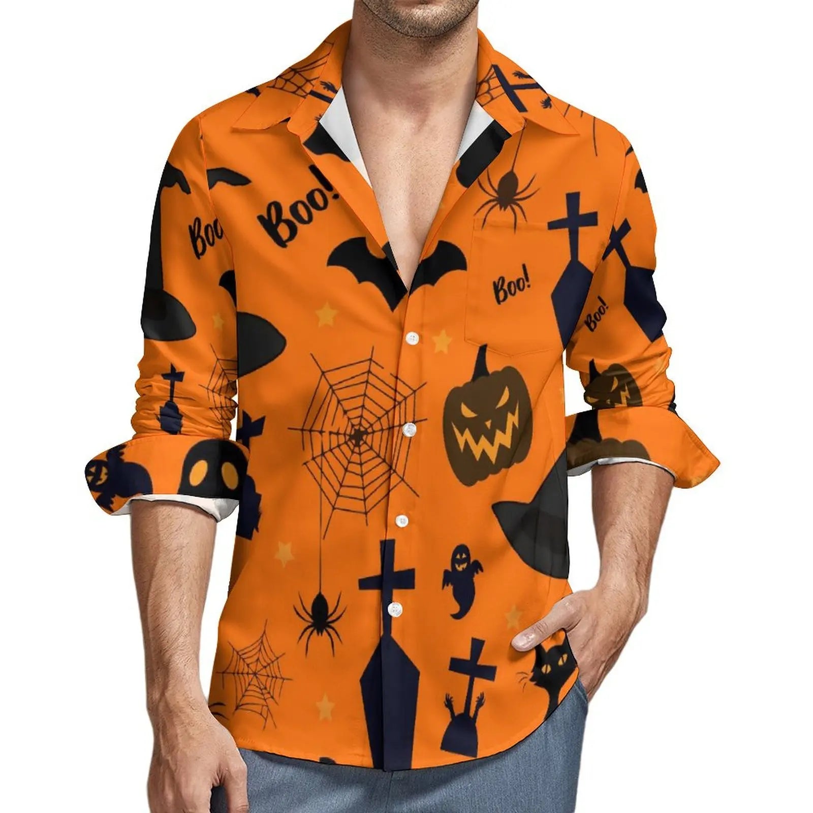 Camisas casuales Happy Haunts, camisa retro con estampado de gato fantasma de Halloween, blusa divertida de gran tamaño Y2K para primavera, ropa gráfica de manga larga para hombre, regalo