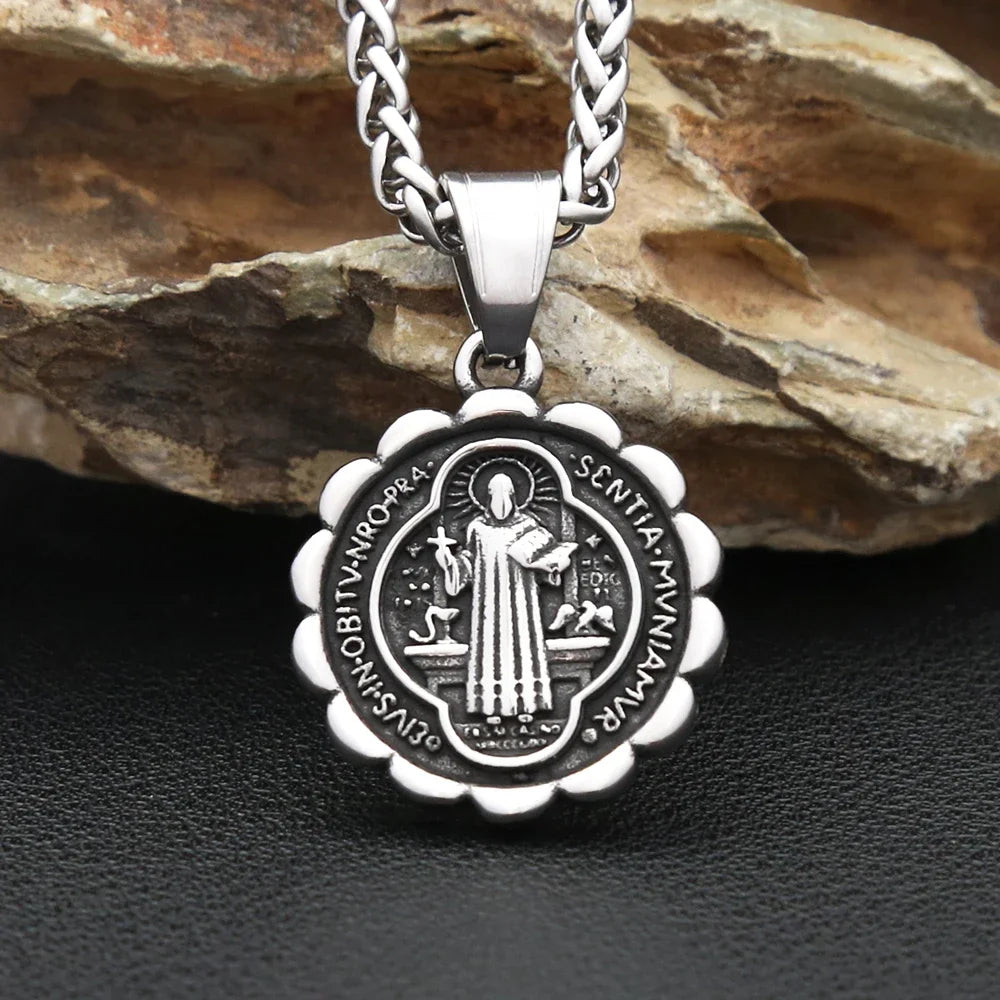 Vintage Fashion Stainless Steel Catholic Saint Benedict Cross Pendant Necklace For Men Punk Biker Amulet Religious Jewelry Gifts