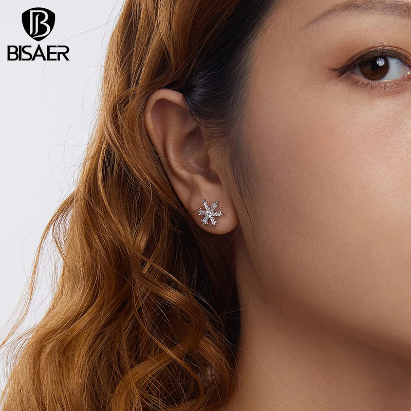 BISAER Real 925 Sterling Silver Ice Flower Stud Earrings Sparkling Zircon Stud Ear For Luxury Women Party Original Fine Jewelry