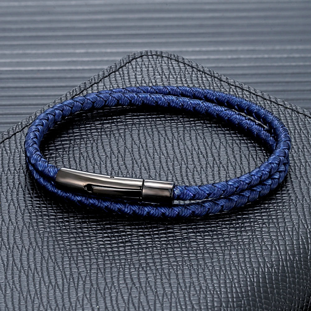 MKENDN Minimalist Men Women Double Strand Keel Rope Bracelet Black Stainless Steel Buckle Accessories Handmade Couple Jewelry