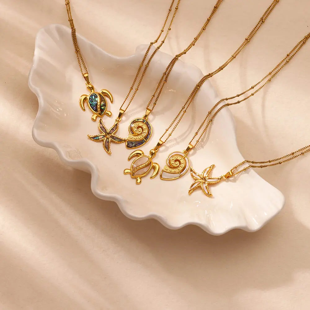 Colorful Starfish Sea Turtle Necklace For Women Gold Color Stainless Steel Turtle Necklace Wedding Christmas Boho Jewelry Gift