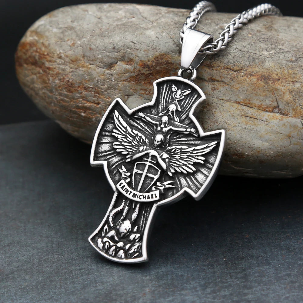 New Vintage Archangel Saint Michael Pendant Necklaces For Man Stainless Steel Angel Wings Cross Necklace Amulet Jewelry Gifts