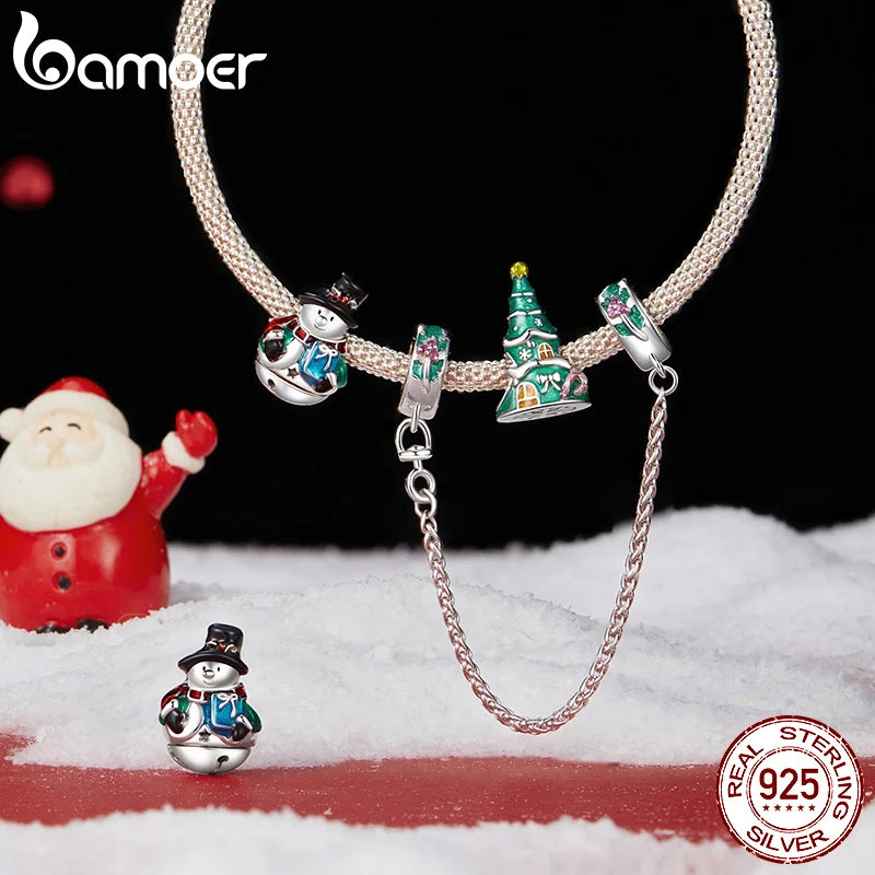 BAMOER S925 Argent Noël Flocon De Neige Bonhomme De Neige Breloque Perles Fit Bracelet Original DIY Bamoer Breloque pour la Fabrication De Bijoux Cadeau De Noël