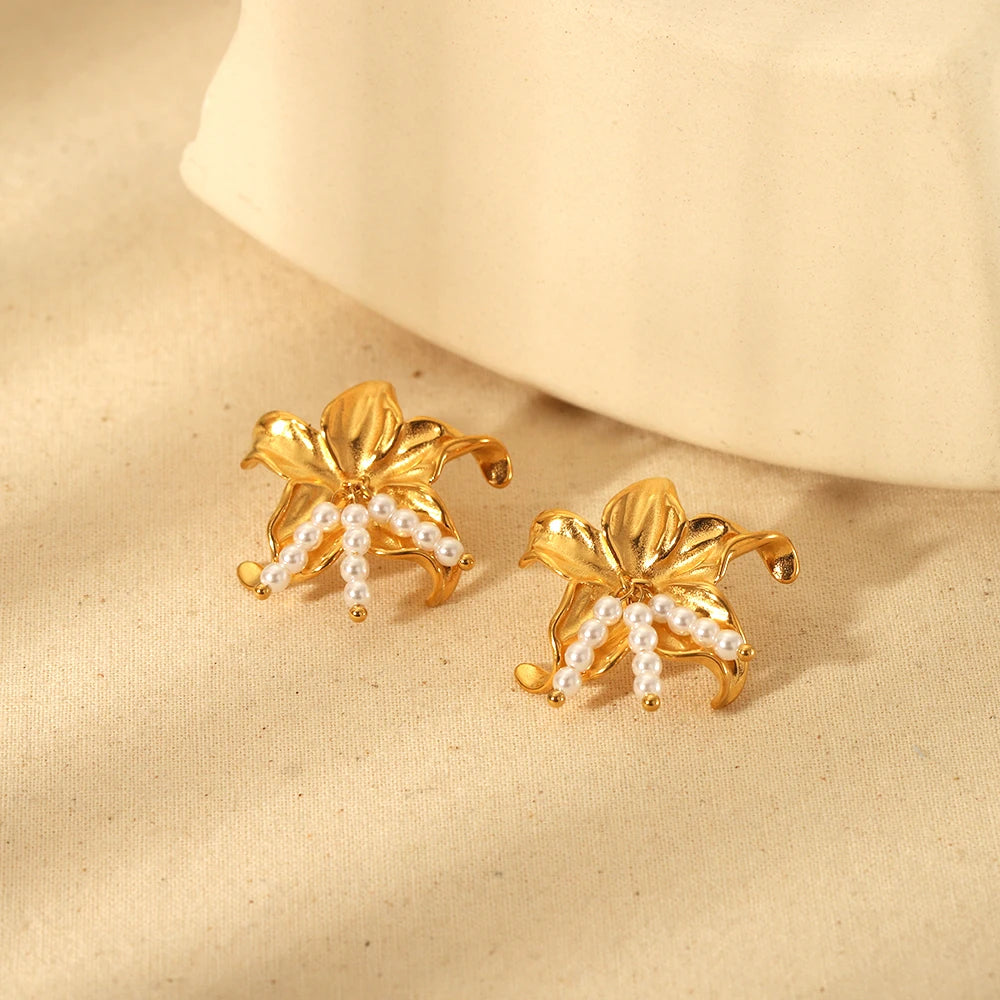 INS Trendy 18K Gold Plated Stainless Steel Stylish l Flower Big Statement Stud Earrings Metal Imitation Pearl Charm Jewelry Gift