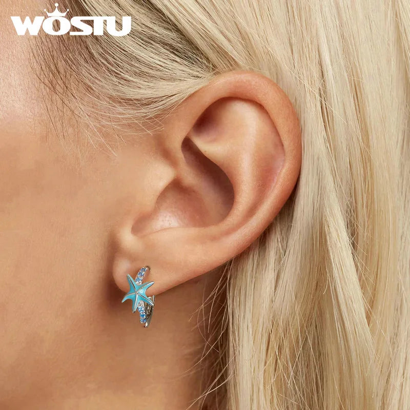 925 Sterling Silver Starfish 'Ocean Series' Blue Zircon Earrings