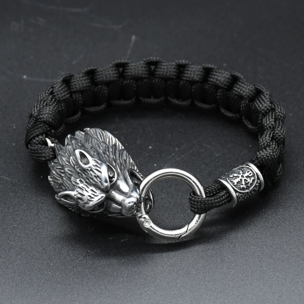 Norse Runs Beads Bracelets Men Viking Stainless Steel Odin's Wolf Paracord Rope Bangles Handmade Outdoor Jewelry