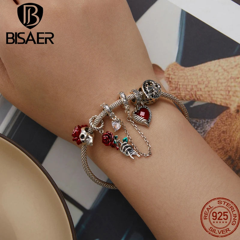 BISAER 925 Argent Sterling Vintage Rose &amp; Crâne Charm Grotesque Alien Pendentifs Coeur Perle Fit Halloween Party DIY Bracelet Bijoux