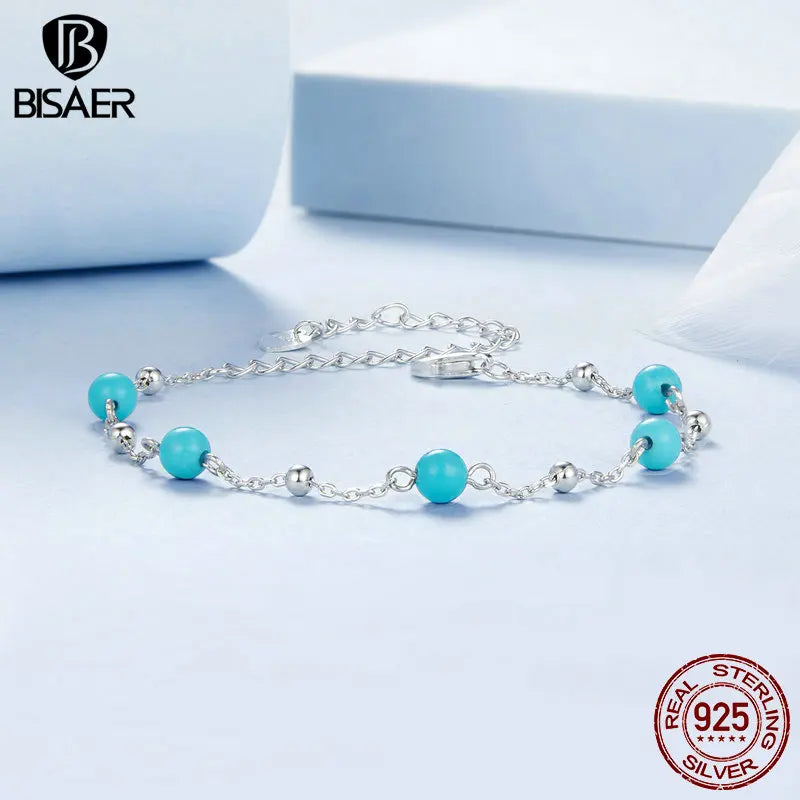 Bracelet BISAER en argent sterling 925 avec turquoise et perles rondes réglables, chaîne plaquée or blanc pour femme, bijoux fins de fête, cadeau