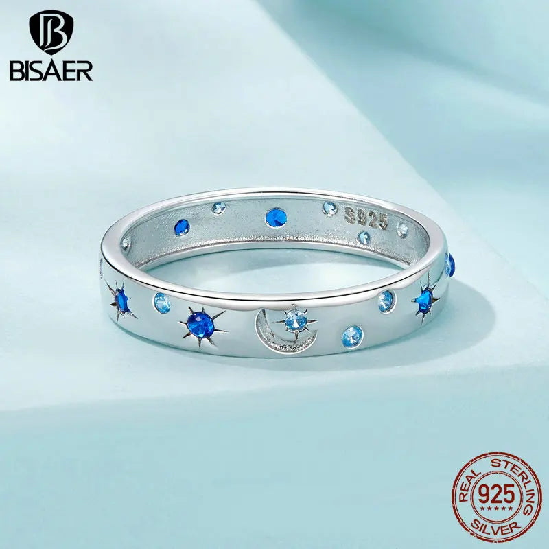 BISAER 100% 925 Sterling Silver Star And Moon Ring Bule Zircon Band Plated White Gold for Women Party Fine Jewelry Gift