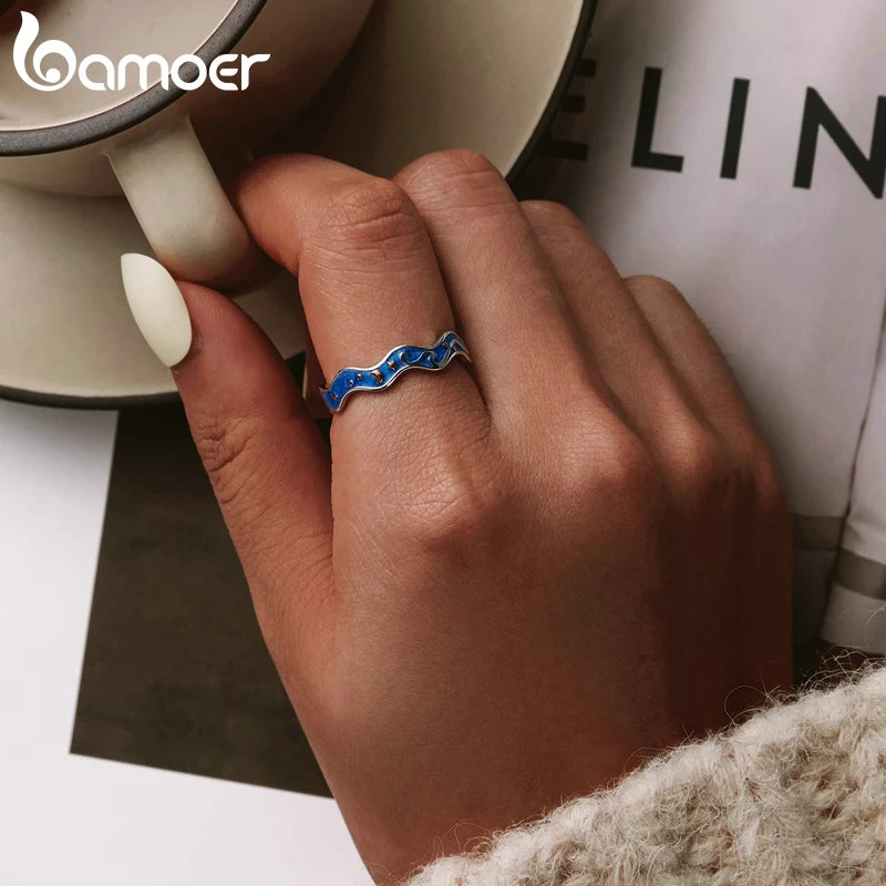 BISAER 925 Sterling Silver Blue Starry Sky of Van Gogh Ring for Couple Lover Open Finger Band Design Jewelry Accessories ECR608