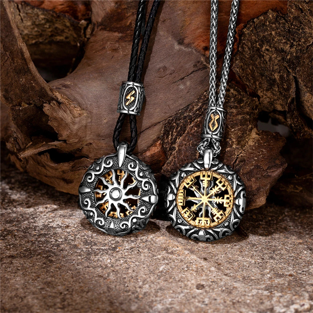 Vintage Vikings Compass Trident Necklaces Men Stainless Steel Norse Rune Hollow Out Sun Pendant Amulet Scandinavian Jewelry Gift