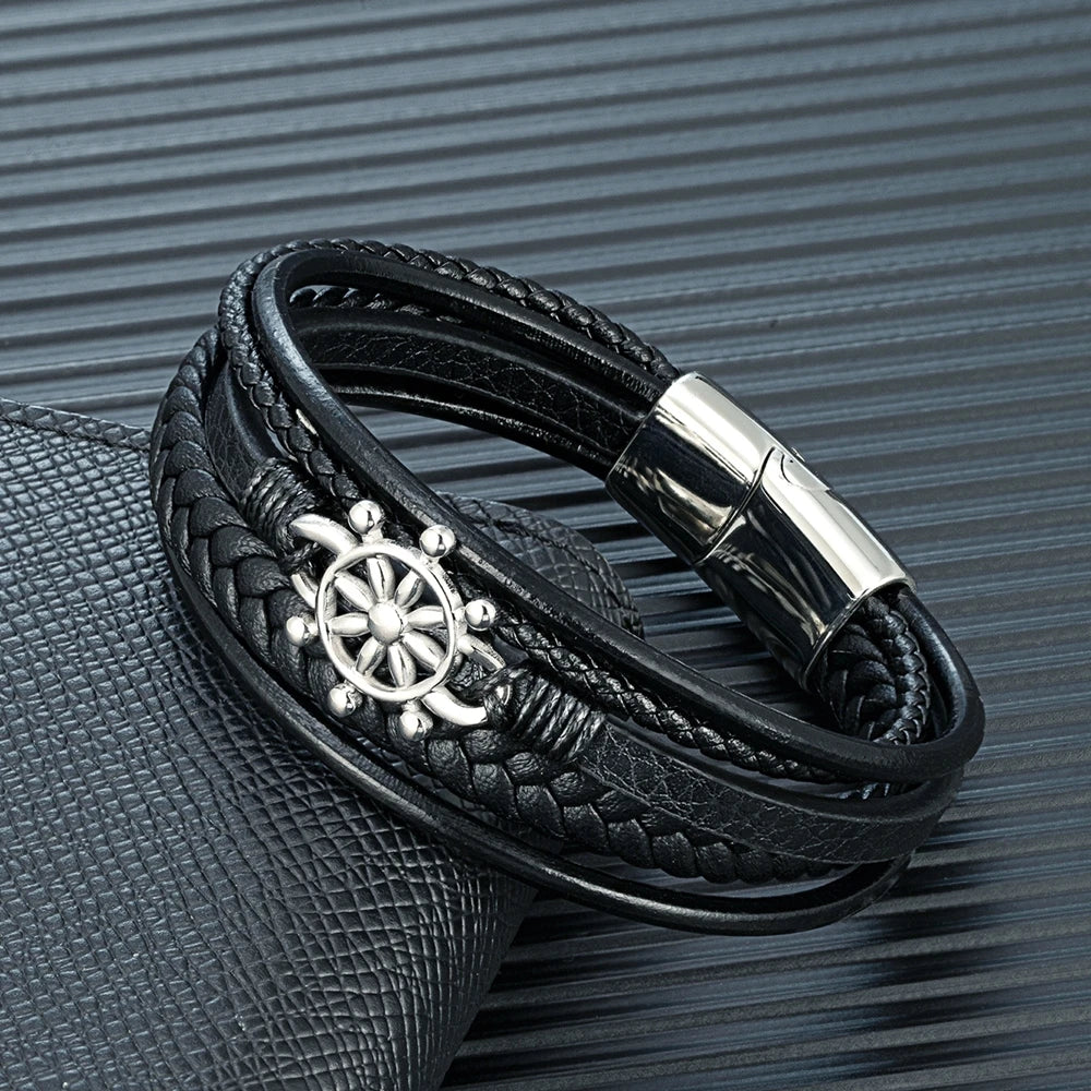 MKENDN Fashion Men Anchor Rudder Bracelet Woven Multilayer Braided Leather Bracelets For Women Stainless Steel Jewelry Gifts