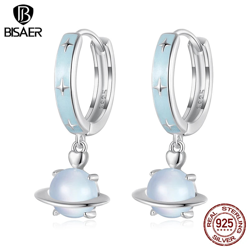 BISAER 925 Sterling Silver Blue Planet Hoop Earrings For Elegant Woman Zircon Buckles Earrings Plated White Gold Fine Jewelry