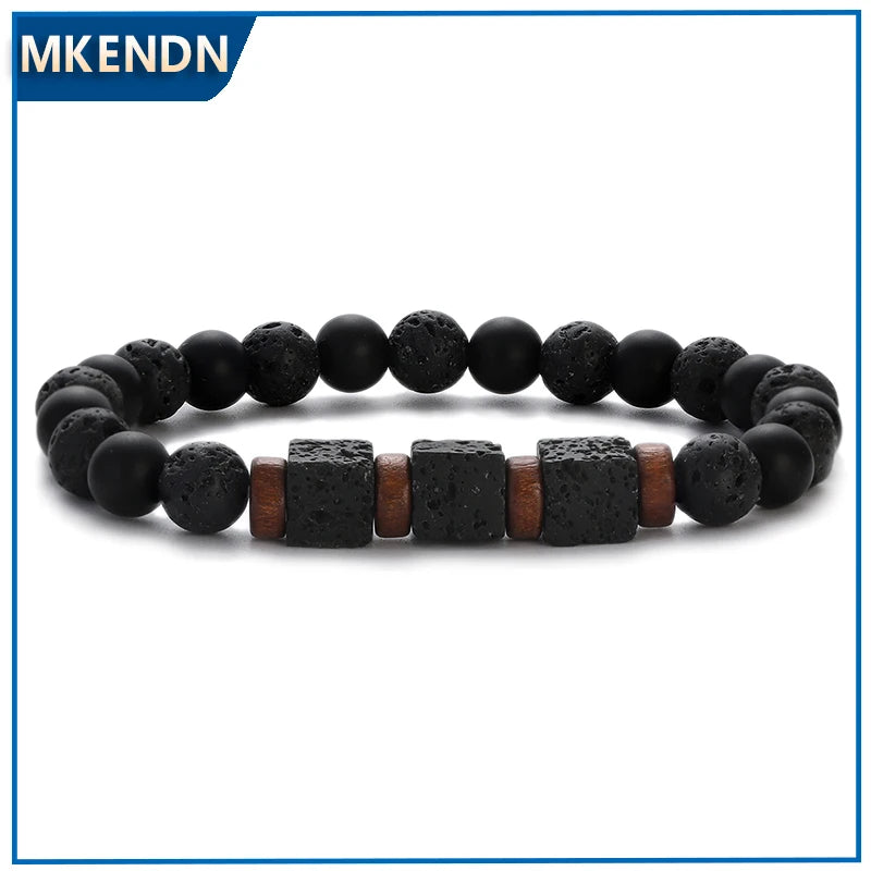 MKENDN Square Volcanic Stone Bracelet for Men Women Natural Lava Black Onyx 8mm Beads Bracelets Yoga Jewelry Gift