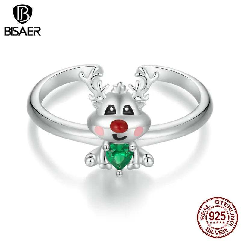 BISAER 925 Sterling Silver Christmas Reindeer Open Ring Size 5-9 Eternity Band Plated Platinum for Women Party Fine Jewelry Gift