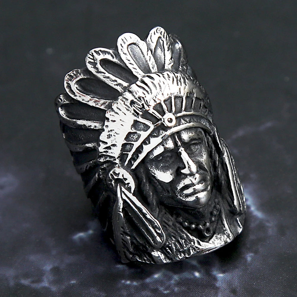 Men's Detailed Indian Chief Ring 316L Stainless Steel Biker Ring Male Huge Punk Hip Hop Rings Fashion Jewelry Gift for Friend