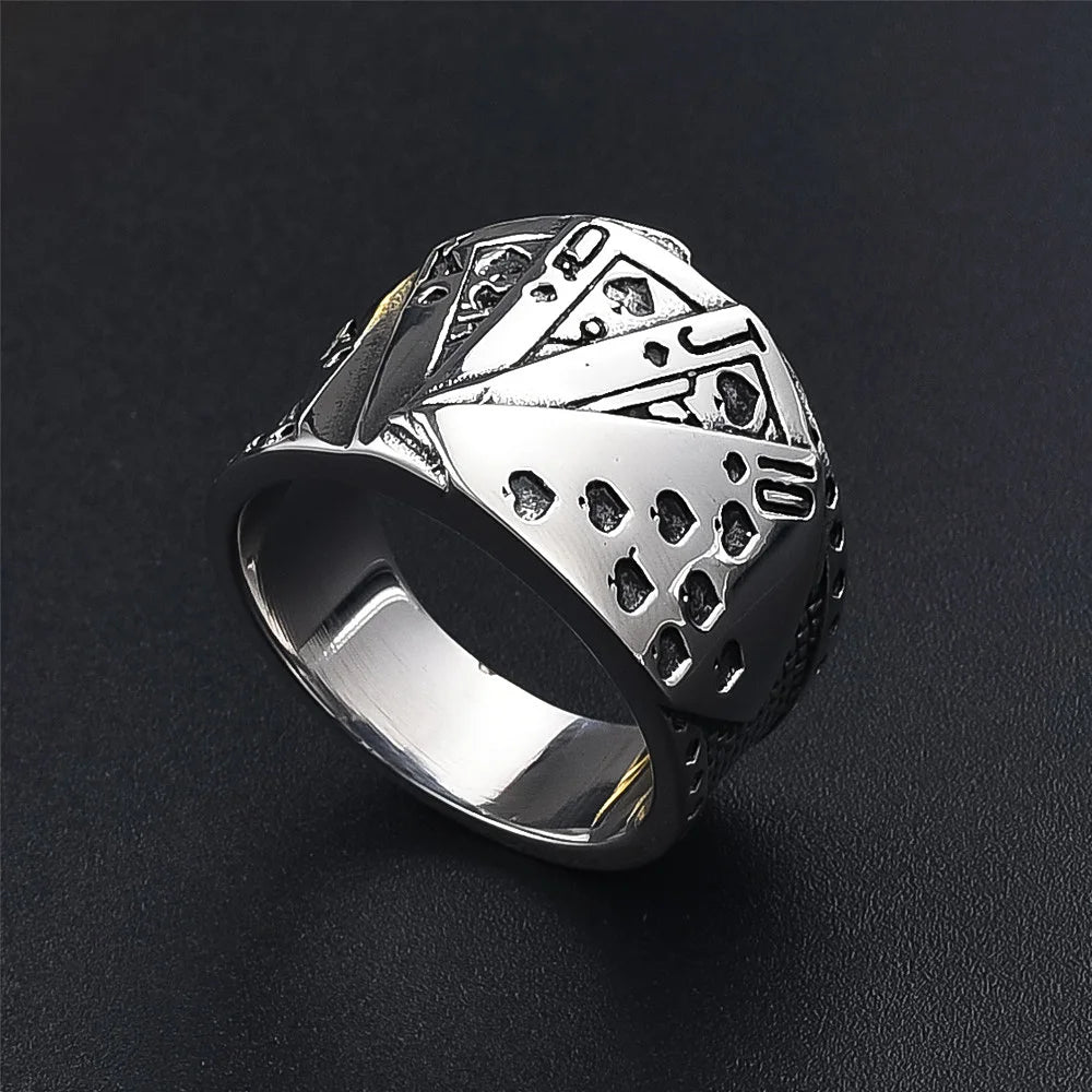 Lucky Poker Flush Ring Men Women Gold/Silver Color Stainless Steel Punk Biker Ring Hip Hop Playing Card Ring Magician Jewelry