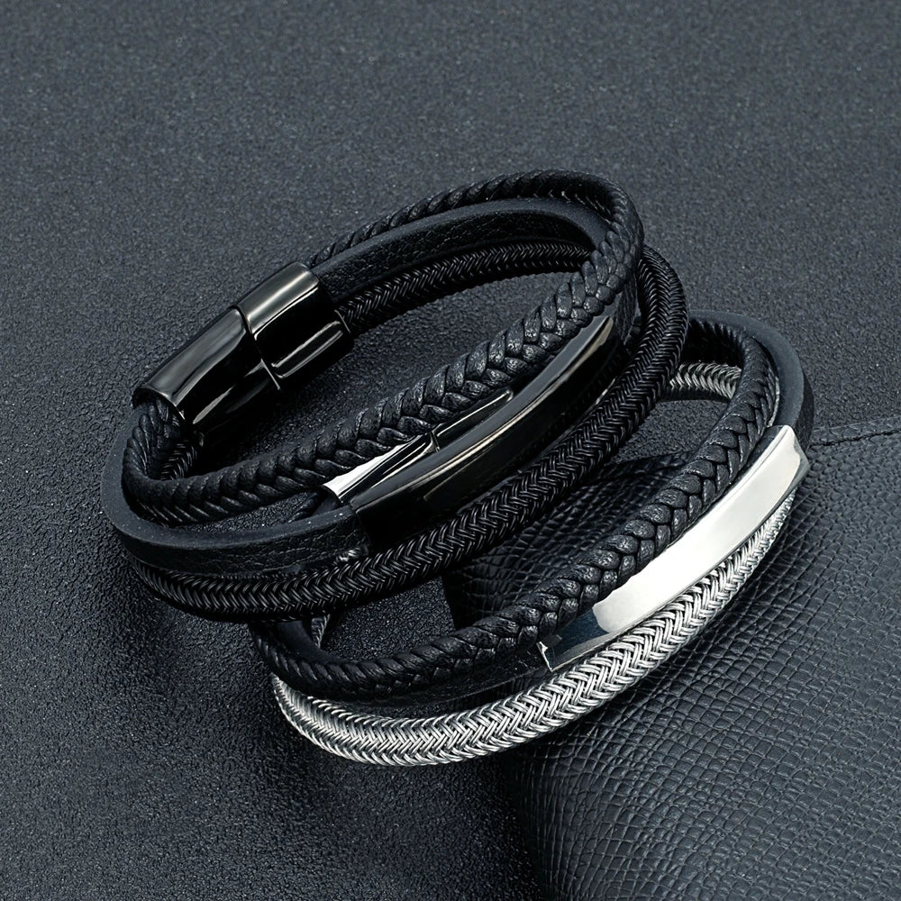 MKENDN Luxury Classic Men Braided Leather Jewelry No Fade Steel Wire Waterproof Rope Bracelet Punk Bracelet for Men Women Gifts