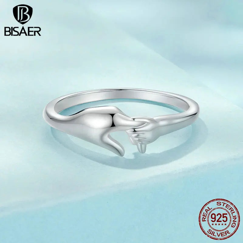 BISAER 100% 925 Sterling Silver Family Ring Hand In Hand Symbolizes Band Plated White Gold for Women Party Fine Jewelry ECR1069