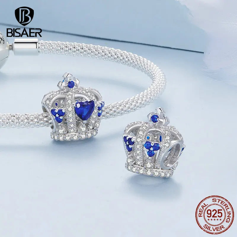 BISAER - Colgante de plata de ley 925 con forma de corona de princesa, diseño de corazón rosa y castillo, para pulseras románticas DIY, joyería fina