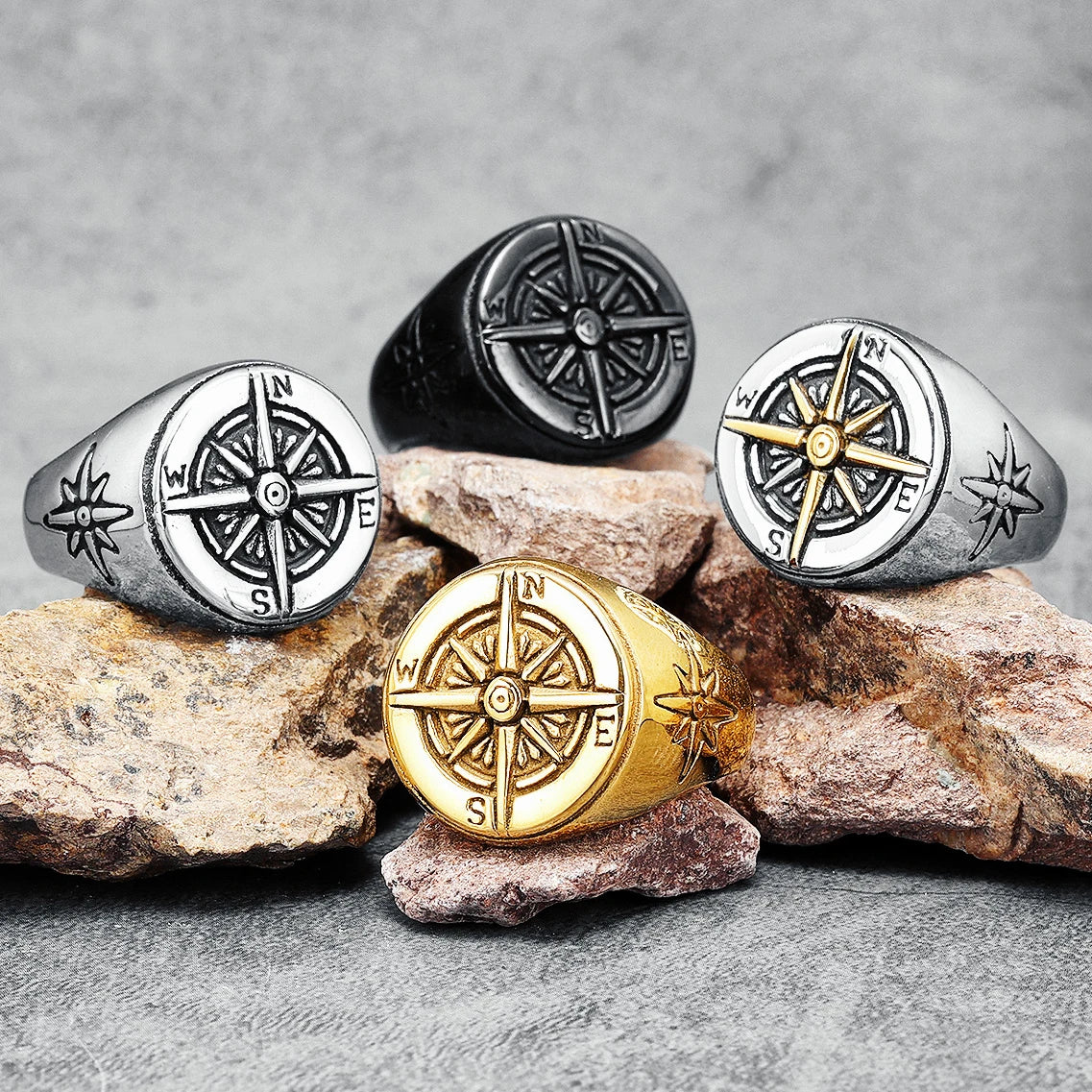 Compass Men Rings 316L Stainless Steel Navy Ocean Nautical Navigation Punk Rock Rap for Biker Male Boyfriend Jewelry Best Gift