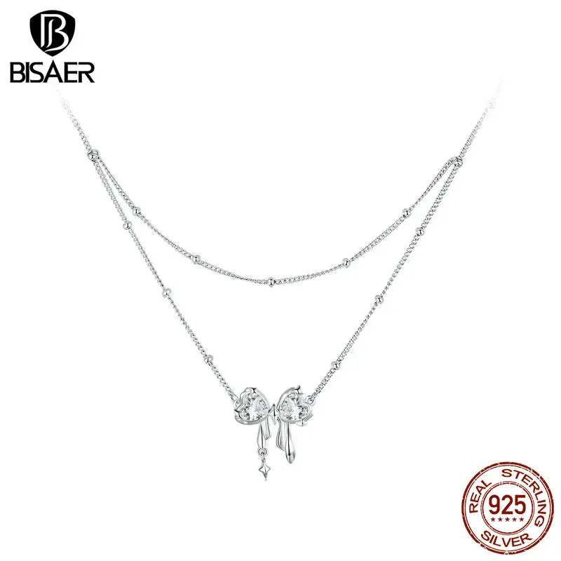 BISAER 925 Sterling Silver Dazzling Bowknot Pendant Necklace Adjustable Chain Plated White Gold for Woman Wedding Fine Jewelry