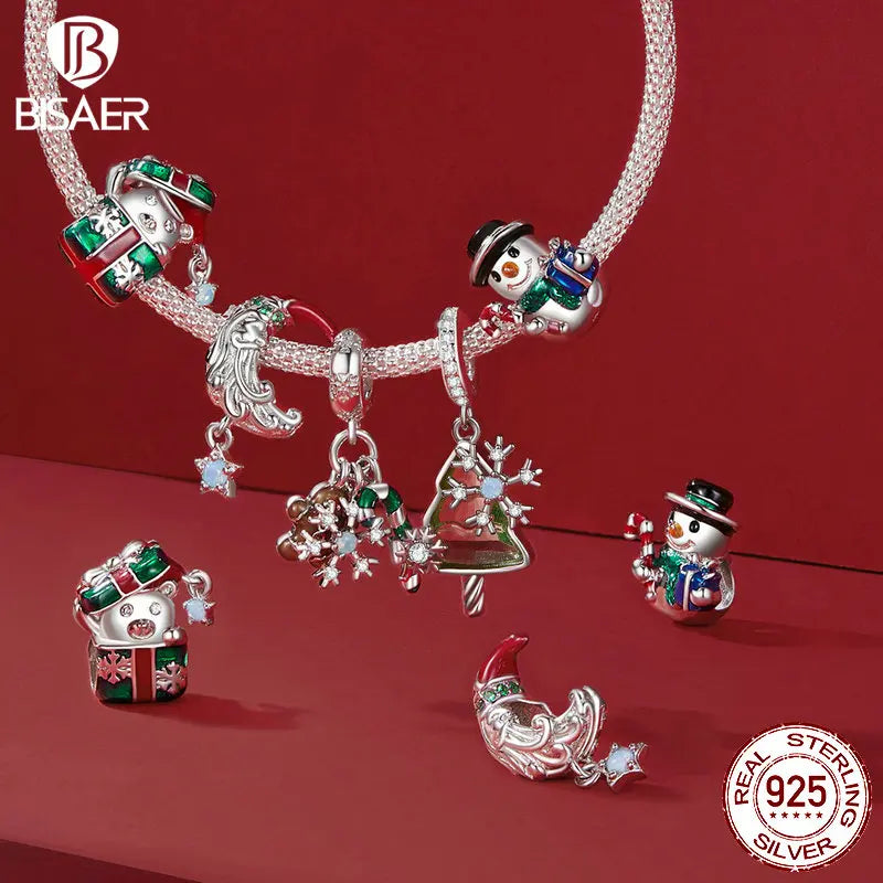 BISAER Charm arbre de Noël en argent sterling 925, pendentif bonhomme de neige, chaussettes du Père Noël, adapté au bracelet à faire soi-même, bijoux, cadeau de fête