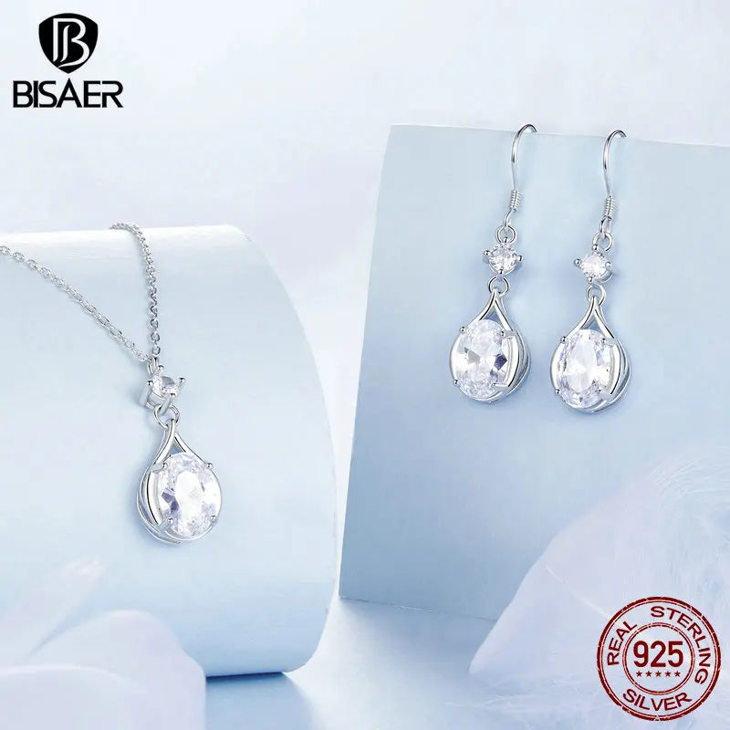 BISAER 925 Sterling Silver Teardrop Stud Earrings Sparkling Zircon Stud Ear Plated White Gold For Woman Wedding Fine Jewelry