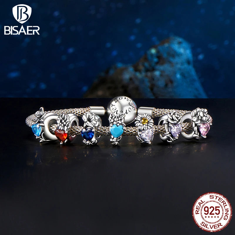 BISAER 100% 925 Sterling Silver Flower Birthstones Charms Charm Birth Flower Beads Fit Women Bracelets Jewelry Fine Gift ECC3005