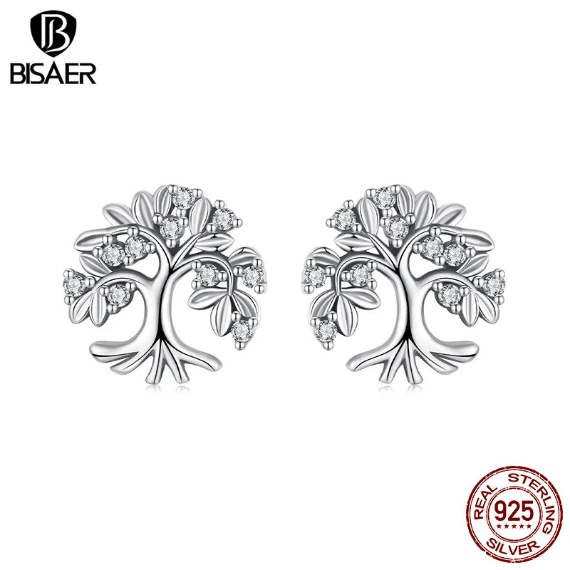 BISAER 925 Sterling Silver Tree of Life Stud Earrings Zircon Ear Clip Plated Gold For Women Original Design Fine Jewelry ECE1814