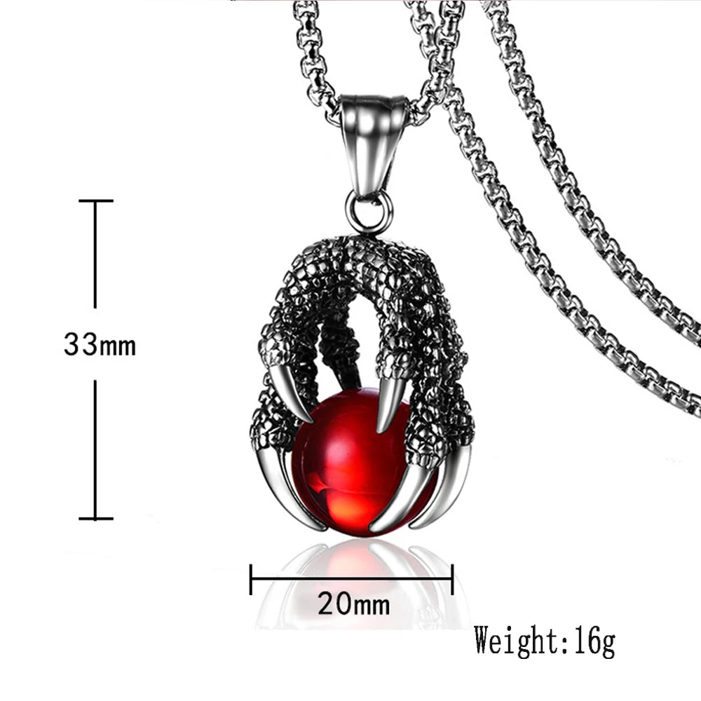 Gothic Men Stainless Steel Dragon Claw Pendant Necklace Blue White Black Red Glass Bead Pendant Retro Style Jewelry Accessories