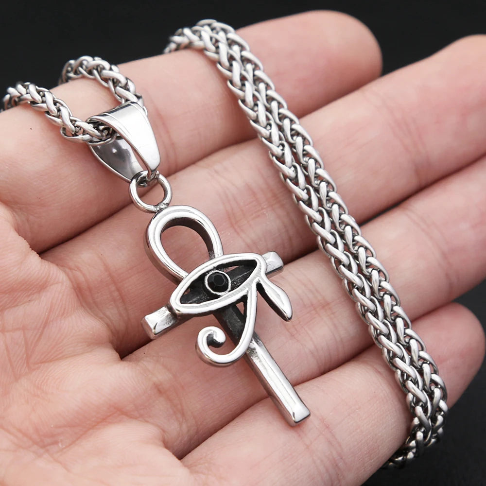 Vintage Stainless Steel Eye of Horus Pendant Necklace Fashion Punk Ankh Cross Necklaces For Men Women Amulet Jewelry Wholesale