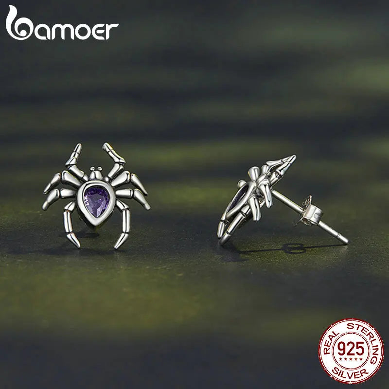 BAMOER Minimalist 925 Sterling Silver Spider Stud Earrings Cute Insect Earrings Pave Setting CZ Women Halloween Jewelry Gift